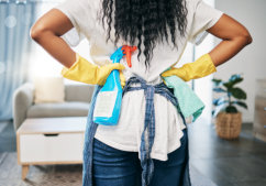 a woman holding cleaning tools